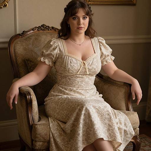 Photograph of a fair-skinned woman with dark brown hair in an elaborate, cream-colored lace Victorian dress, sitting in an ornate, upholstered