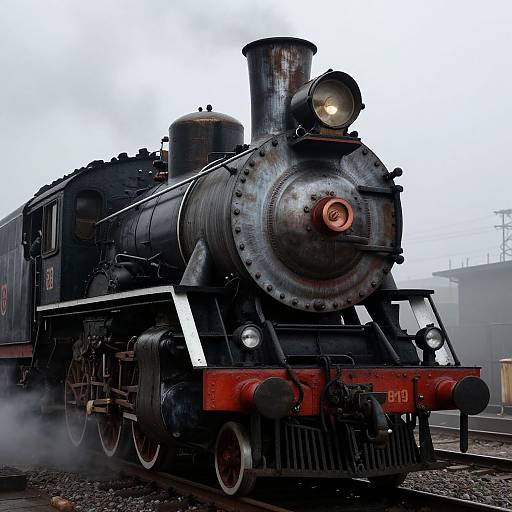 Photograph of a vintage, weathered black steam locomotive with a glowing red headlight, emitting steam, on railway tracks.