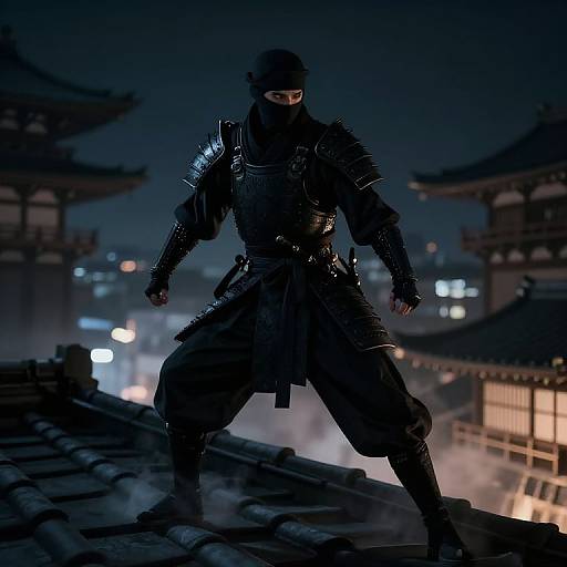Photorealistic digital artwork of a masked ninja in dark, reflective armor, standing on a rooftop at night with traditional Japanese buildings and city lights in the