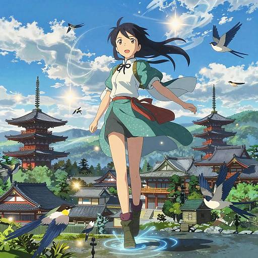 Celestial Suzume Over Japanese Landscapes