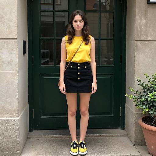 Photograph of young woman with long dark hair, wearing a bright yellow sleeveless top, black high-waisted skirt with gold buttons, and yellow