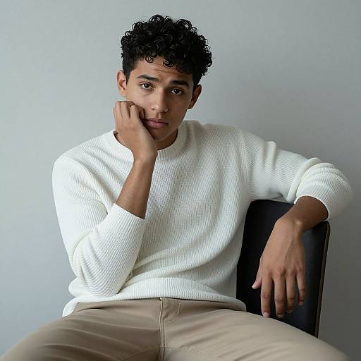 Photograph of a young man with curly black hair, medium brown skin, wearing a white knit sweater and beige pants, sitting casually on a black chair
