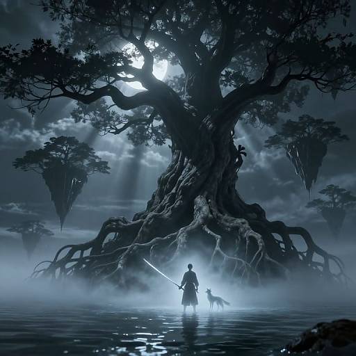 Digital art: Silhouetted warrior with sword stands before massive, moonlit, root-covered tree in misty, moonlit forest, surrounded by