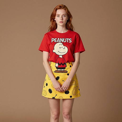 Young Woman in Peanuts Charlie Brown T-shirt and Yellow Skirt