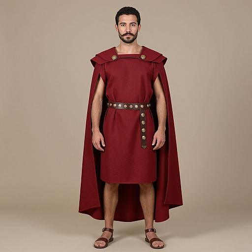 Photograph of a bearded man in a red Roman-style tunic and cape with gold accents, black belt, and sandals, standing against a plain