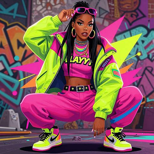 Digital illustration of a confident Black woman squatting, wearing neon green jacket, pink crop top, and pants, with vibrant graffiti background.