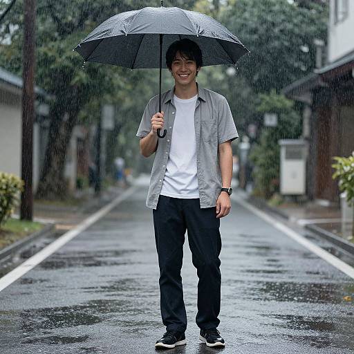 Photograph of an Asian man with black hair, smiling, holding a black umbrella in a rainy street, wearing a gray shirt, white t-shirt,
