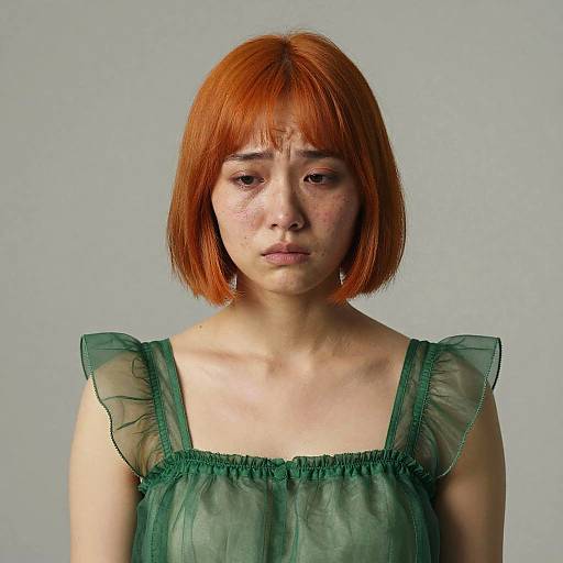 Photograph of a young Asian woman with short, vibrant red hair, freckles, and a serious expression, wearing a sheer green dress against a