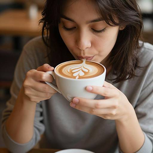 Photograph of a dark-haired woman in a gray sweater, sipping a latte with intricate foam art, in a cozy café.