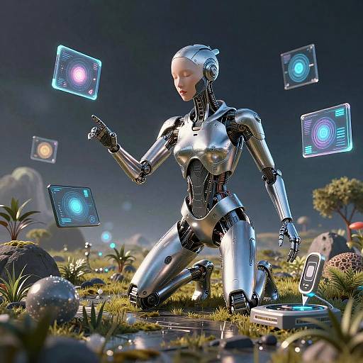 Digital CGI of a silver, humanoid robot kneeling in a futuristic, sci-fi landscape, levitating glowing holographic screens with blue and orange lights.