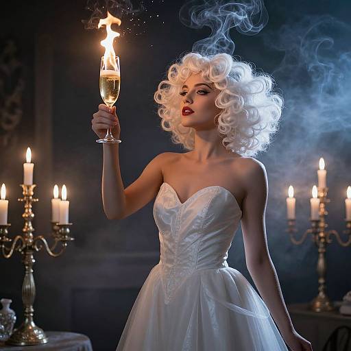 Photograph of a white-haired woman in a strapless white dress, holding a lit champagne glass, surrounded by smoke and candles.