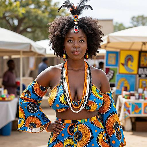 Photograph of a confident Black woman with curly hair, wearing a vibrant blue and orange beaded African dress, adorned with a feathered headpiece,