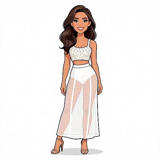 Digital illustration of a smiling woman with long brown hair, wearing a white, spaghetti-strap crop top and high-waisted, semi-sheer
