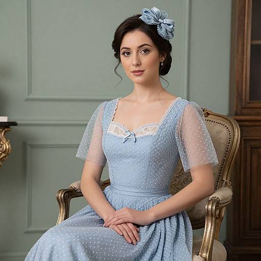 Photograph of a fair-skinned woman with dark hair, wearing a light blue, polka-dotted, sheer-sleeved dress and blue bow