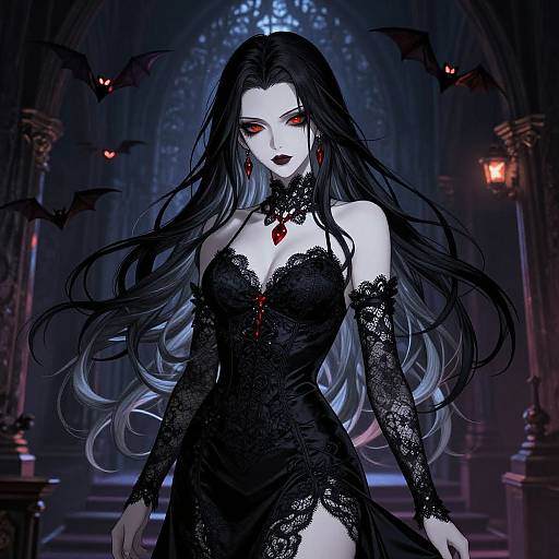 Digital anime-style drawing of a pale, red-eyed vampire woman with long black hair, wearing a black lace dress and red gem necklace, surrounded by bats