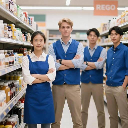 Four Supermarket Employees Standing in Aisle