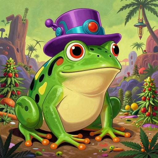 Digital illustration of a green frog with large red eyes, wearing a purple top hat with a red gem, sitting in a vibrant, colorful jungle landscape with