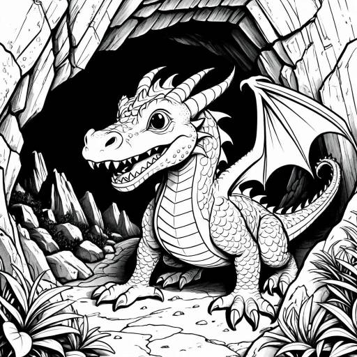 Friendly Dragon in Mountain Cave Coloring Page