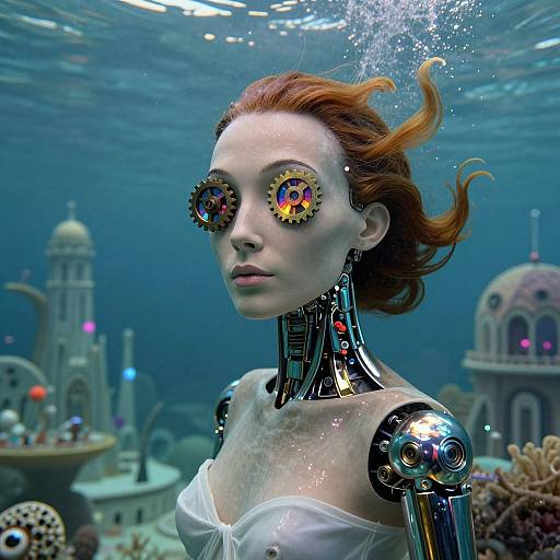 Cyborg woman with red hair, reflective goggles, metallic neck, white dress, underwater futuristic cityscape, bubbles, colorful lights, sci-fi digital art