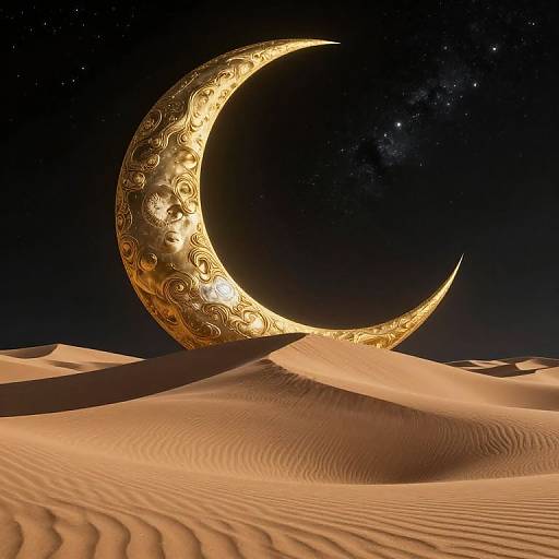 Golden, ornate crescent moon with facial features stands on a desert of rippled sand under a starry night sky. Digital art.
