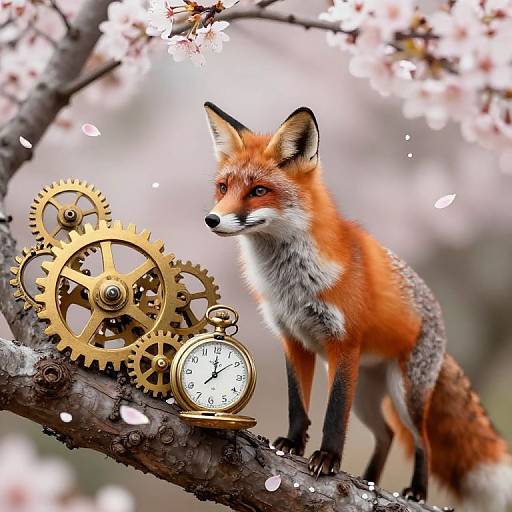 Photograph of a vibrant red fox standing on a branch with golden gears and a pocket watch, surrounded by cherry blossoms.