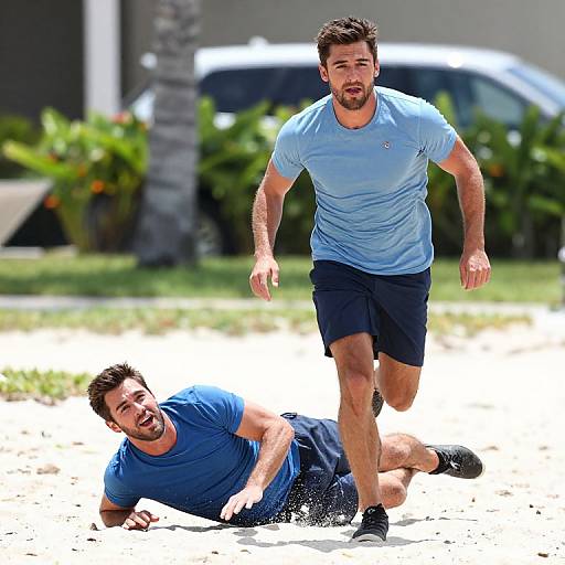 Photograph of two muscular men in blue and black athletic wear, one running and the other falling playfully on a sunny beach.