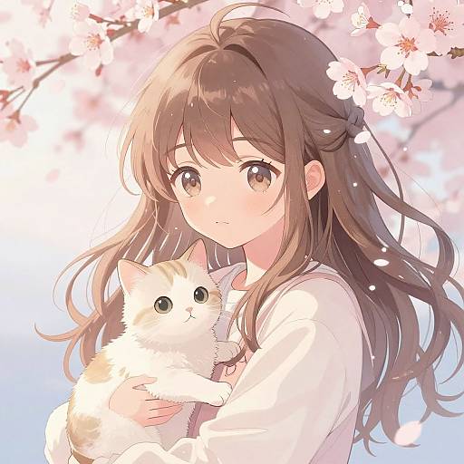 Anime Girl with Cat in Cherry Blossoms