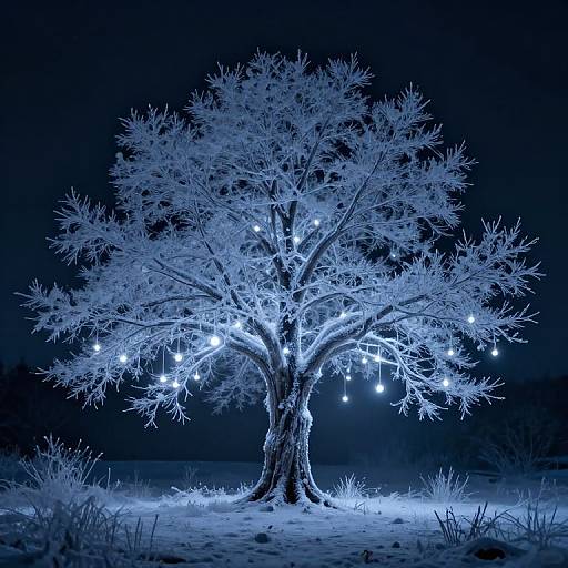Ethereal Frosted Tree with Luminous Orbs