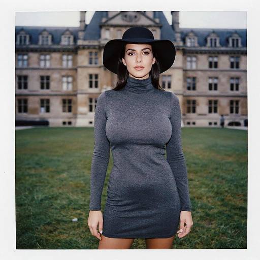 Photograph of a young woman with olive skin, wearing a tight gray turtleneck dress and black wide-brim hat, standing in front of a