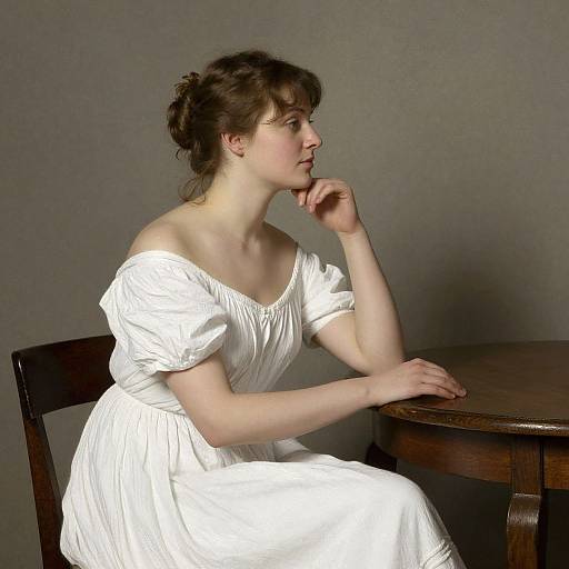 Photograph of a young Caucasian woman with fair skin and brown hair in an updo, wearing an off-shoulder white dress, seated at a