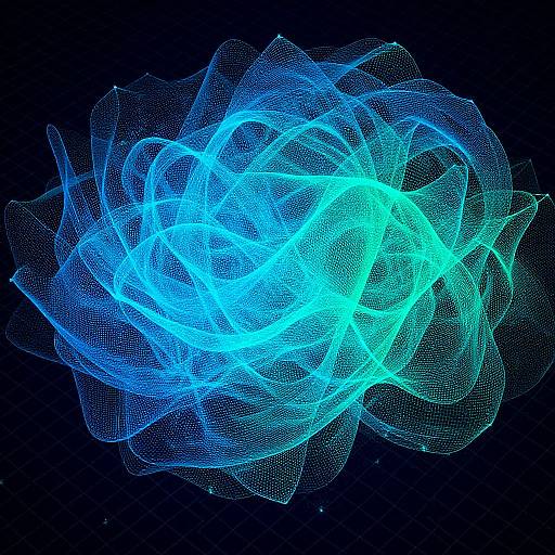 Digital artwork of vibrant blue and turquoise glowing, overlapping, intricate wave patterns against a black background, creating a mesmerizing, luminescent effect.