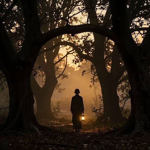 Silhouetted figure with lantern stands in foggy forest, framed by massive, arching trees at sunset; warm, golden light filters through.