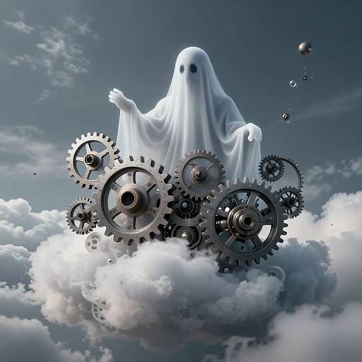 Digital artwork of a white ghost with black, hollow eyes, floating on a cloud amidst large, interlocking gears, with small bubbles rising in the blue