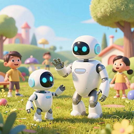 CGI image of two white, glowing blue-eyed robots standing in a sunny, colorful park with smiling children in the background.