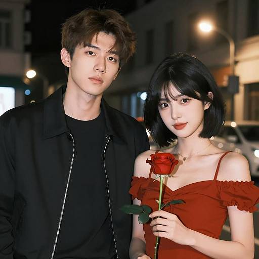 Young Couple in Nighttime Urban Setting