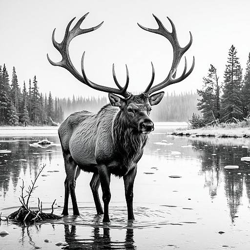 Majestic Elk in Frozen Lake