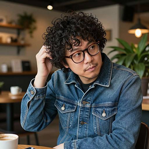 Photograph of a curly-haired, bespectacled man with light brown skin wearing a blue denim shirt, sitting in a cozy, dimly-l