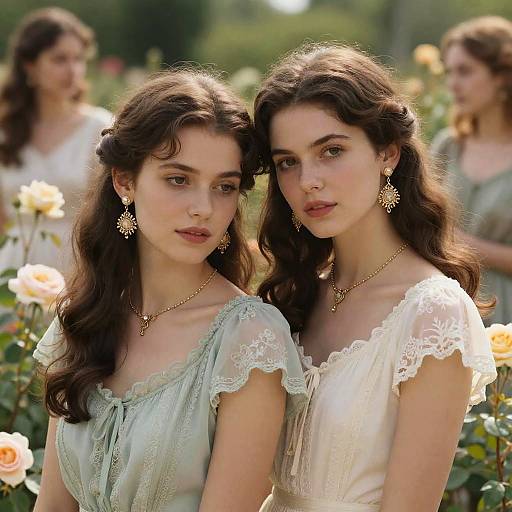 Realistic Portrait of Two Girls in Rose Garden