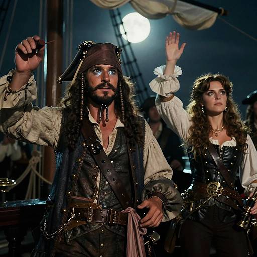 Photograph of a pirate captain with a brown tricorn hat, long hair, and beard, and a curly-haired woman in period attire, raising hands