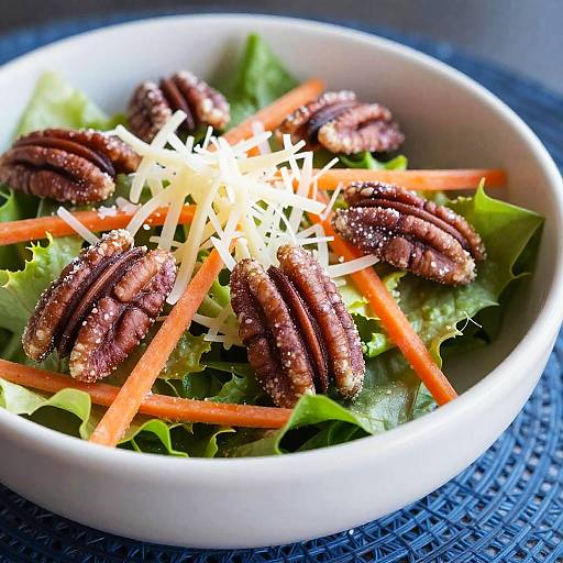 Photograph of a white bowl filled with roasted peanuts, shredded carrots, and lettuce, topped with grated cheese, on a blue woven mat.