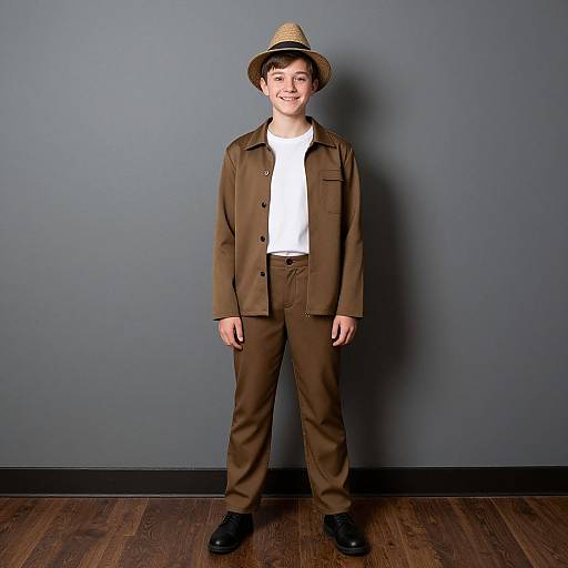 Photograph of a young boy standing against a gray wall, wearing a straw hat, brown jacket, white shirt, brown pants, and black shoes.