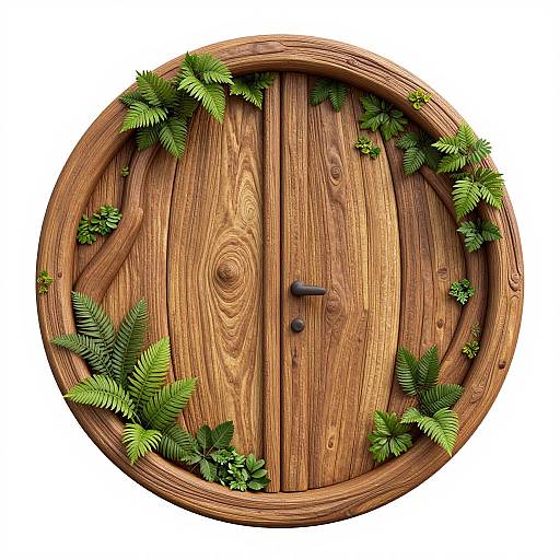 Circular wooden door with detailed wood grain, adorned with green fern leaves, featuring a small, dark metal round handle.