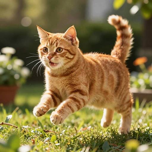 Energetic Orange Cat in Sunlit Garden