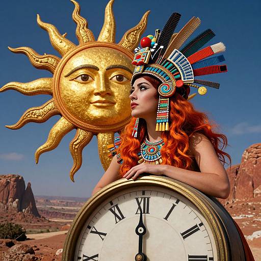 Photograph of a woman with bright orange hair, wearing an Aztec-style headdress and necklace, holding a large clock, with a gold sun mask