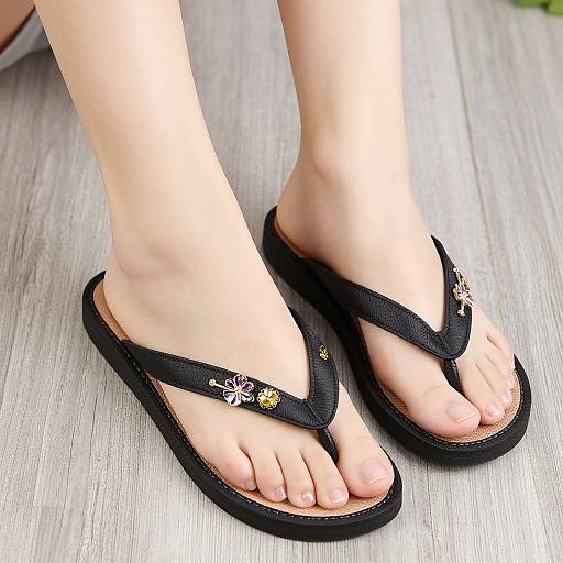 Close-up photograph of a pair of light-skinned, barefoot feet wearing black flip-flops with small, decorative floral embroidery on the straps, standing