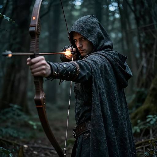 Photograph of a hooded archer in a dark forest, drawing a bow with a lit arrow, wearing a textured gray cloak and leather gloves,