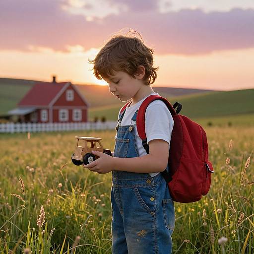 Boy with Toy Truck in Meadow at Sunset