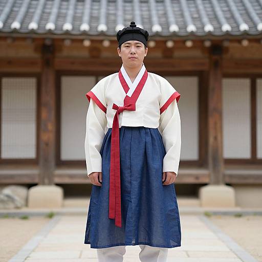 Photograph of a Korean man in traditional hanbok, white top with red trim, navy skirt, red sash, black hat, standing in