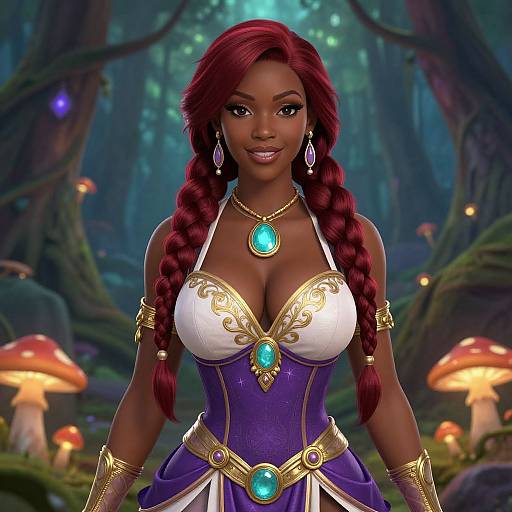 Digital artwork of a dark-skinned, red-haired woman with large breasts in a fantasy forest, wearing a gold-trimmed, purple and white dress