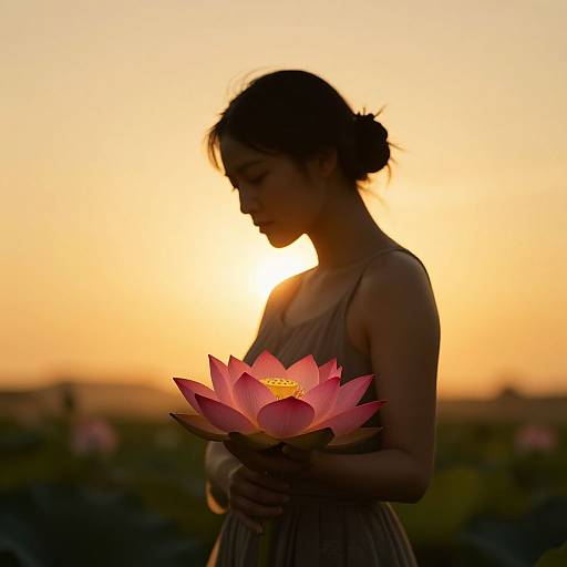 Silhouetted woman holding a pink lotus flower at sunset, wearing a sleeveless dress, with a golden-orange sky in the background.